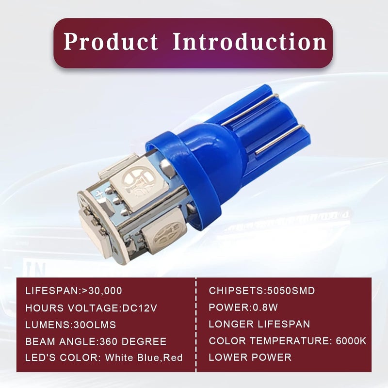 RBOKO 10PCS 194 LED Light Bulb 6000K Wedge T10 LED Bulb 5SMD 5050 Chips, 168 T10 2825 5SMD DC 12V Replacement Bulbs for Car Dome Map Door Courtesy License Plate Lights (Blue) - Image 5